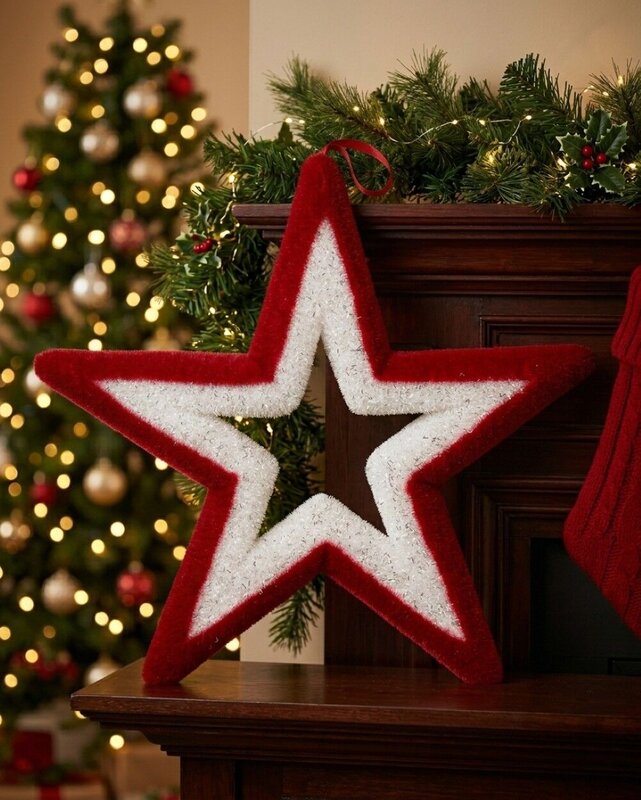 Red & White Flocked Large Hollow Star Tinsel Plaque Ornament | 50cm — image 4