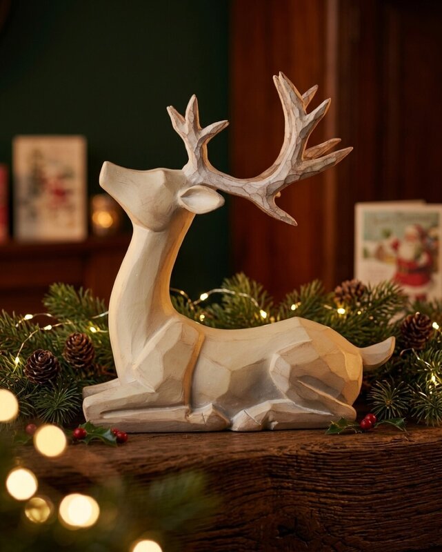 21cm Carved Wood Style Sitting Reindeer Resin Figurine — image 2