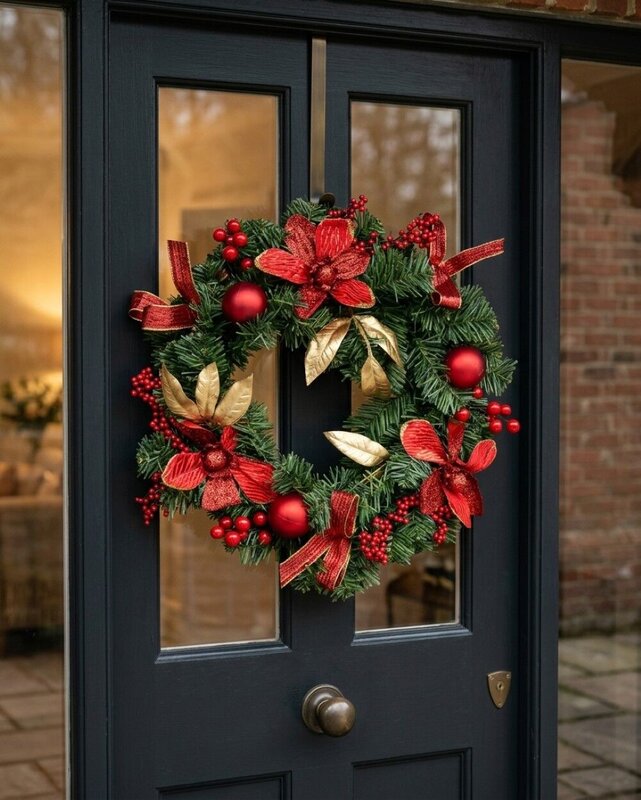 40cm Red Poinsettia Christmas Wreath With Gold Leaves, Berries & Ribbon — image 4
