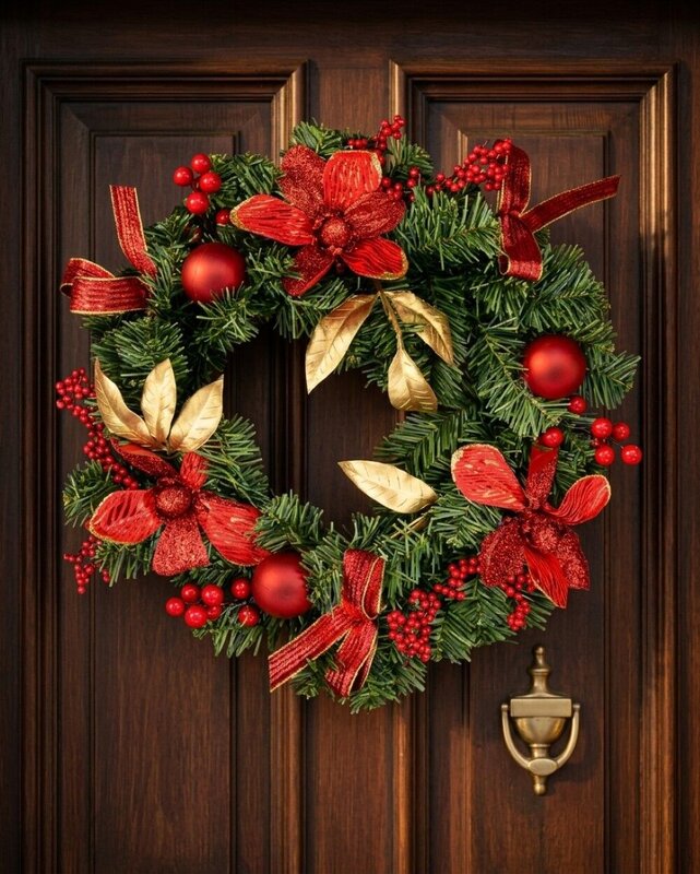 40cm Red Poinsettia Christmas Wreath With Gold Leaves, Berries & Ribbon — image 2