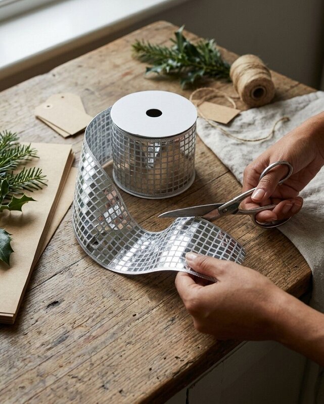 Wired Silver Glitter Sheer Ribbon Reflective Mirror Ball | 10m x 10cm — image 4