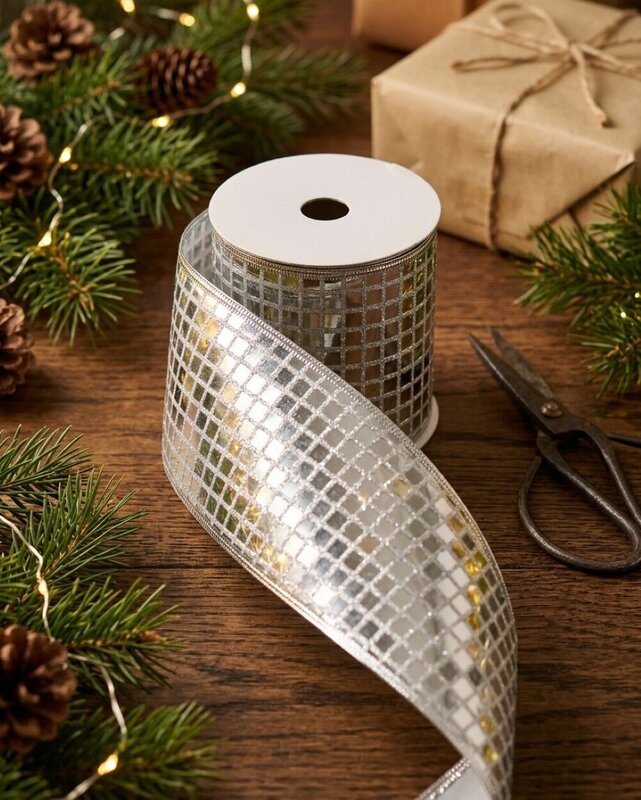 Wired Silver Glitter Sheer Ribbon Reflective Mirror Ball | 10m x 10cm — image 2