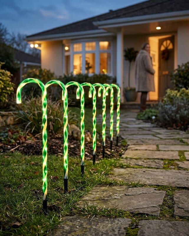 4x LED Christmas Candy Cane Path Lights - Green & White Garden Stakes | 80cm — image 4