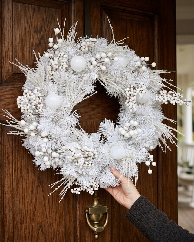 50cm Arctic White Christmas Wreath With Iridescent Berries & Juniper Picks — image 4