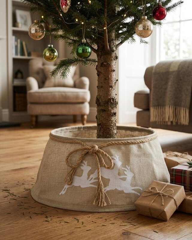 62cm Burlap & Prancing Reindeer Christmas Tree Collar With Rope Bow — image 4