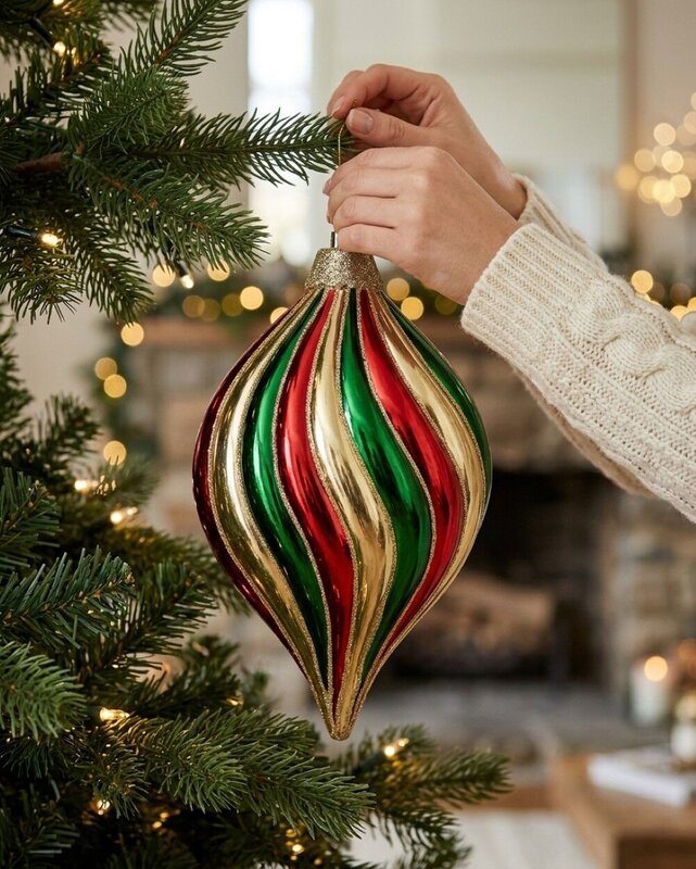 Red Green & Gold Stripe Whimsical Monumental Onion Drop | 28cm — image 4