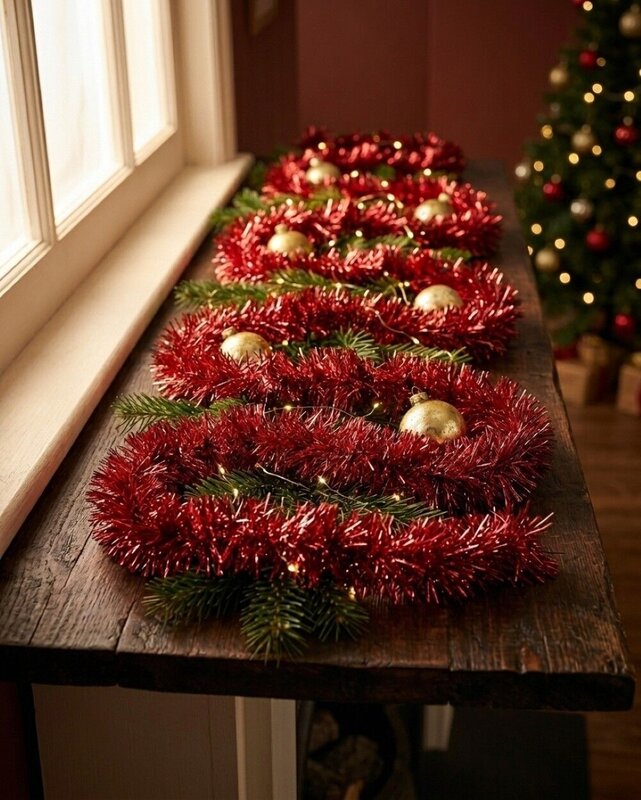 Premium 8ply Red Metallic Fir Christmas Tinsel Garland | 5m x 10cm — image 2