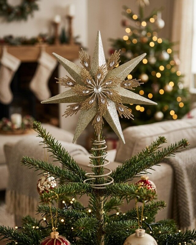 Large Champagne & Gold Glitter Layered Christmas Tree Topper | 33cm — image 4