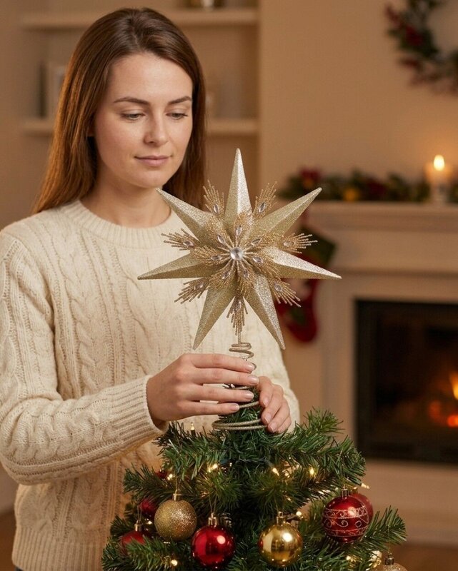 Large Champagne & Gold Glitter Layered Christmas Tree Topper | 33cm — image 3
