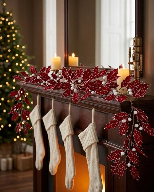 1.8m Red Velvet Holly Leaf Christmas Vine Garland | Silver Glitter & Snow Berries — image 2