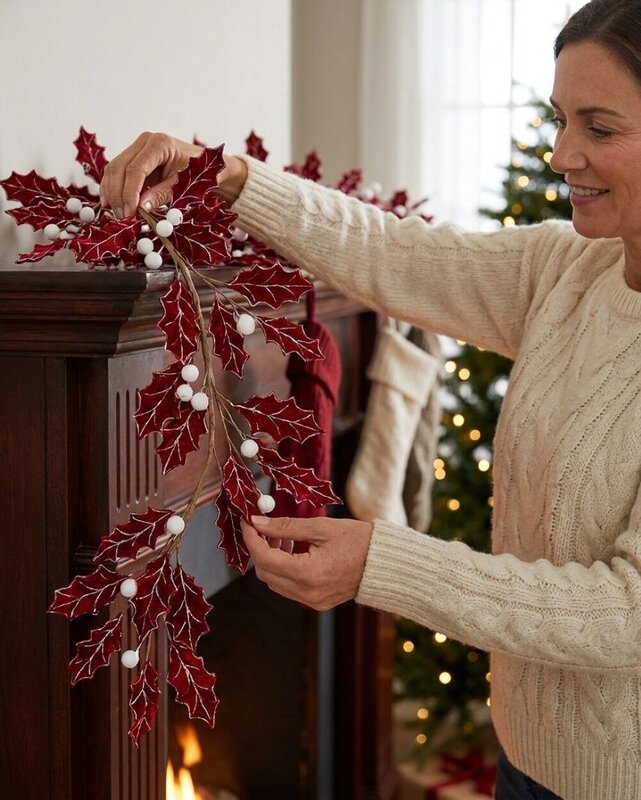 1.8m Red Velvet Holly Leaf Christmas Vine Garland | Silver Glitter & Snow Berries — image 3