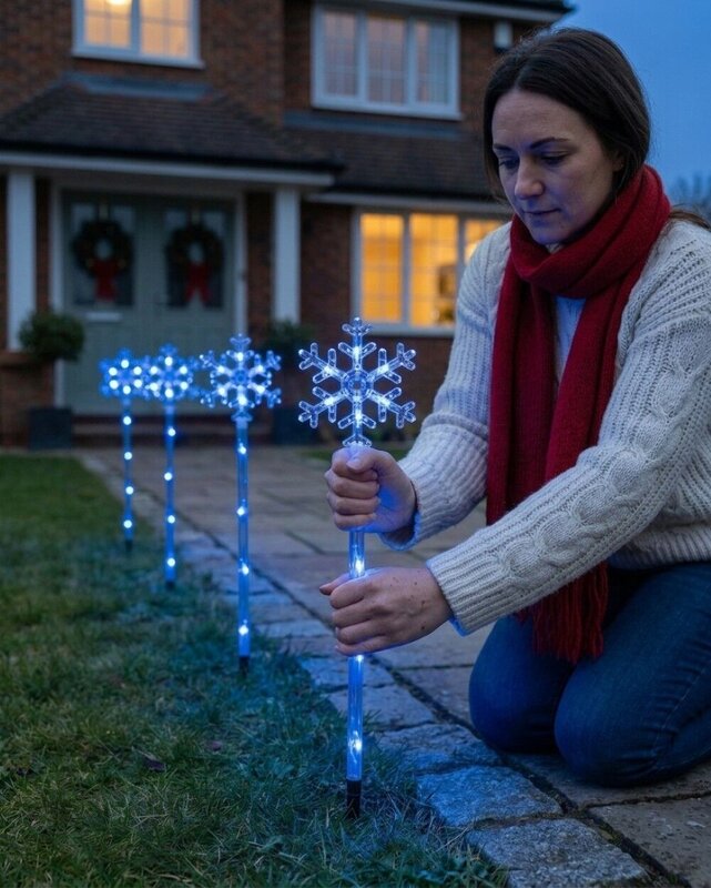4x Solar LED Christmas Snowflake Path Lights - Blue Garden Stakes | 67cm — image 3