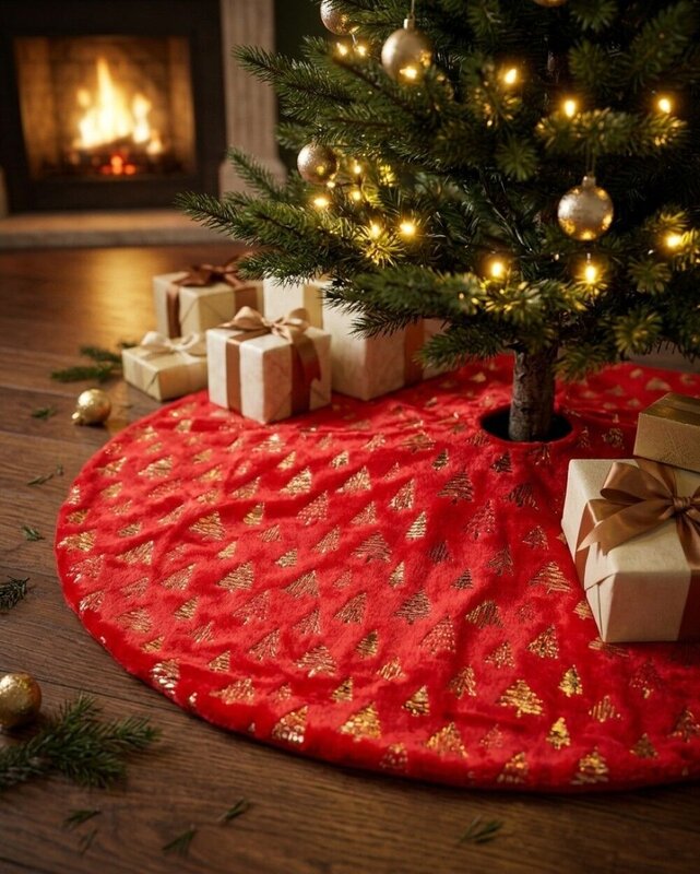 1m Red Plush Faux Fur & Gold Foil Trees Christmas Tree Skirt — image 2