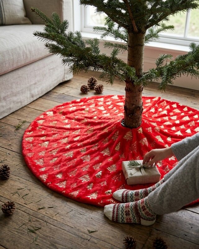 1m Red Plush Faux Fur & Gold Foil Trees Christmas Tree Skirt — image 4