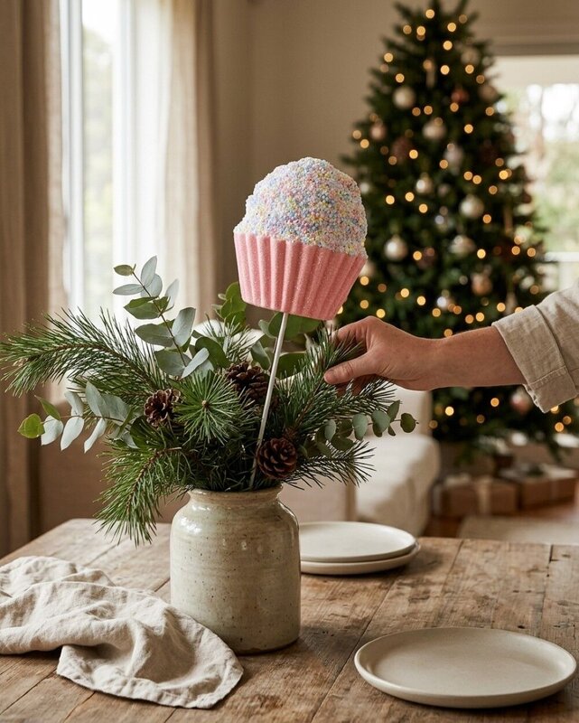 Pink Cupcake With Pastel Sprinkles & Silver Tinsel Long Christmas Stem | 71cm — image 4