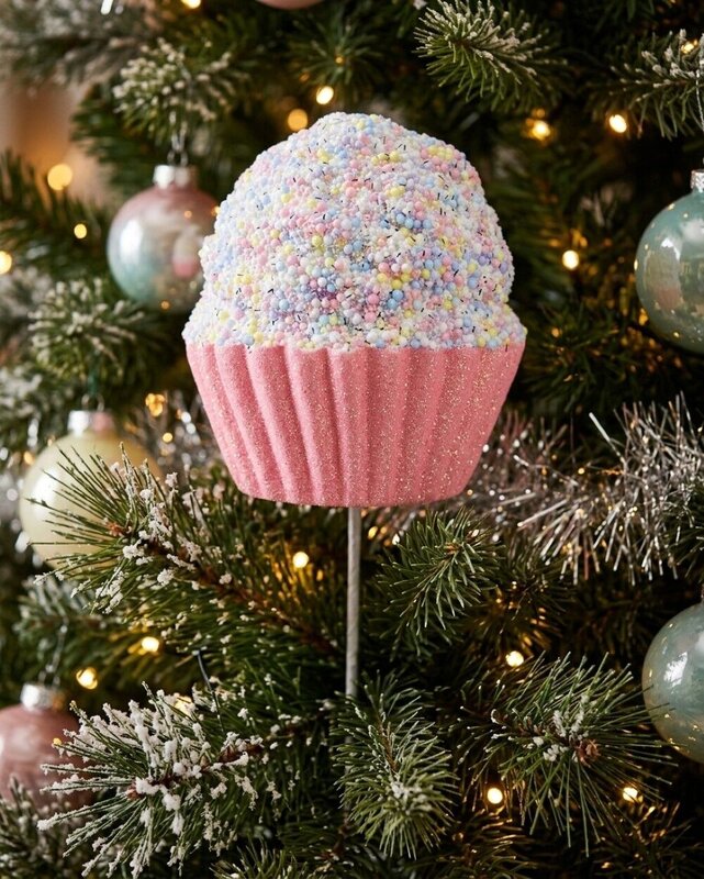 Pink Cupcake With Pastel Sprinkles & Silver Tinsel Long Christmas Stem | 71cm — image 2