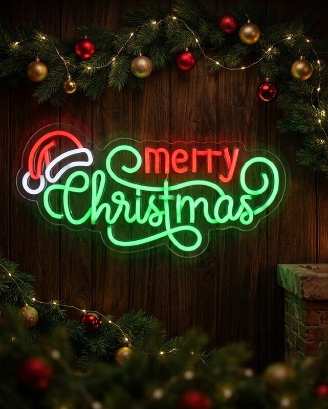 42cm Merry Christmas & Santa Hat Neon LED Display On Acrylic Board — image 2