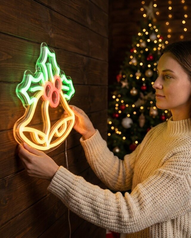 24cm Christmas Bells Holly & Berries Neon LED Light Display On Acrylic Board — image 3