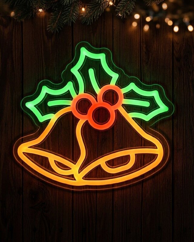 24cm Christmas Bells Holly & Berries Neon LED Light Display On Acrylic Board — image 2
