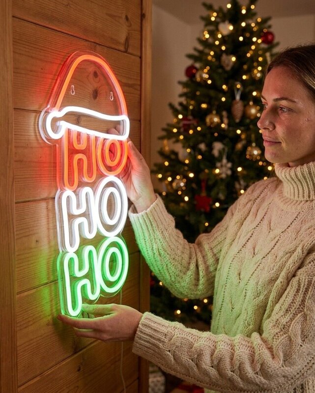 40cm Vertical Ho Ho Ho & Santa Hat Neon LED Light Display On Acrylic Board — image 3