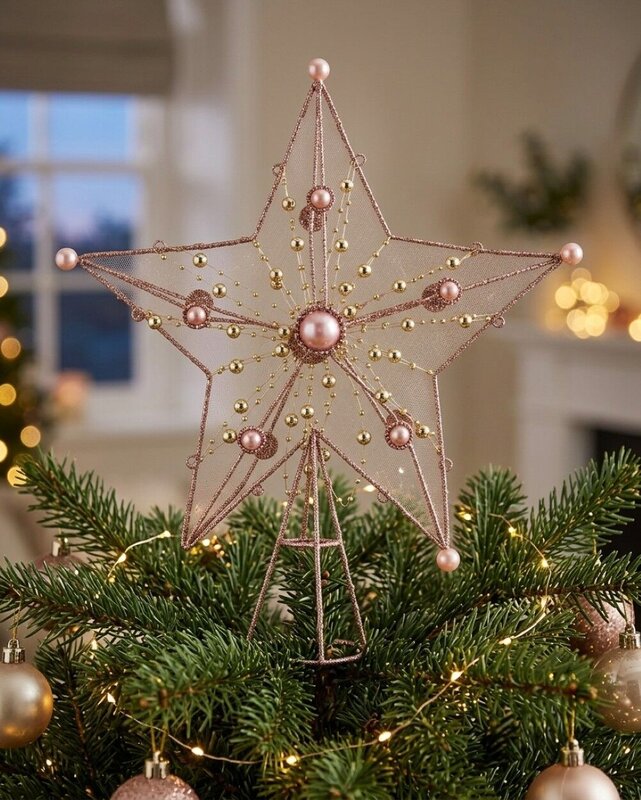 Large Pink Glitter 3D Star Christmas Tree Topper With Pearls | 33cm — image 2
