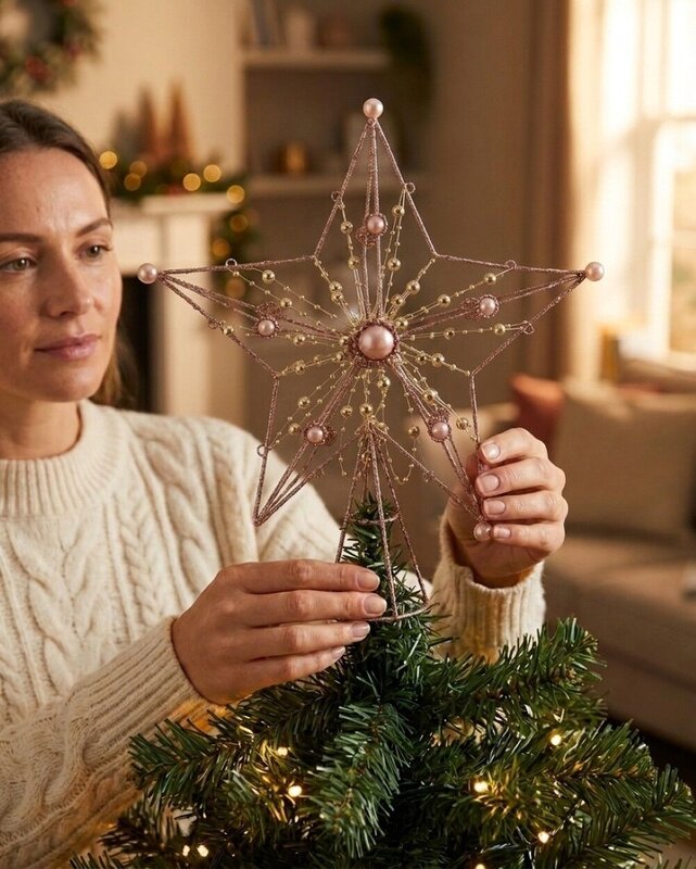 Large Pink Glitter 3D Star Christmas Tree Topper With Pearls | 33cm — image 3