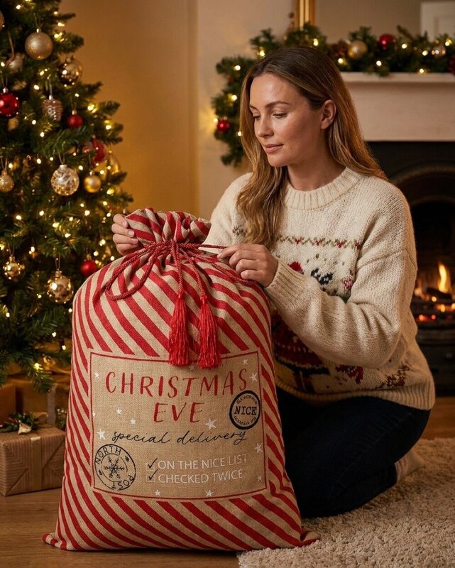 Natural Jute Red Striped Special Delivery Christmas Eve Santa Sack | 70cm — image 3