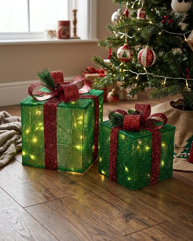 Green Glitter Mesh 3D Gift Box LED Display Set | 25cm & 20cm — image 4