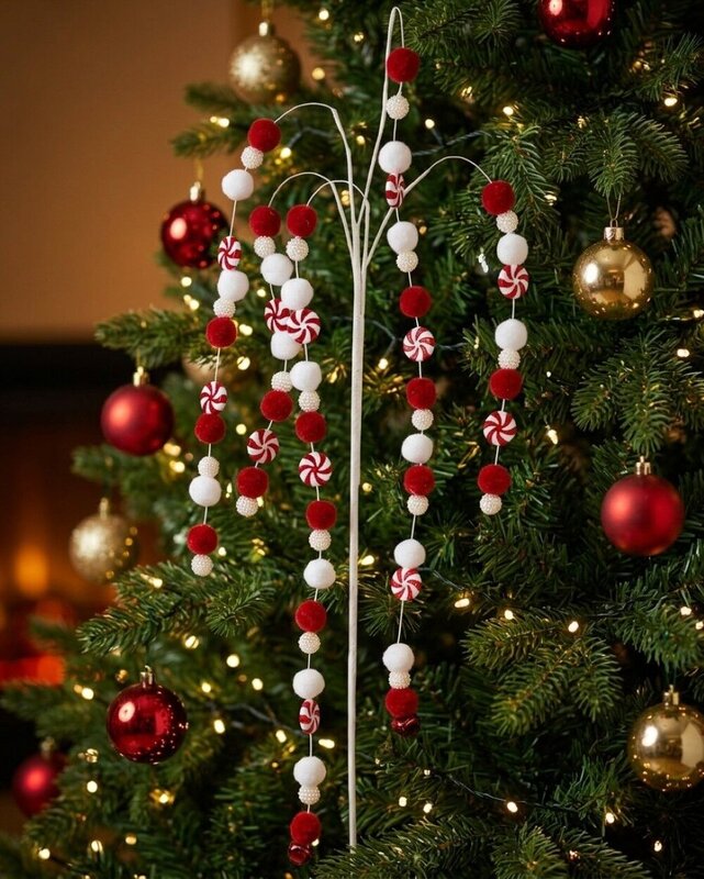 Red & White Candy Balls & Bells Weeping Willow Long Christmas Stem | 65cm — image 2