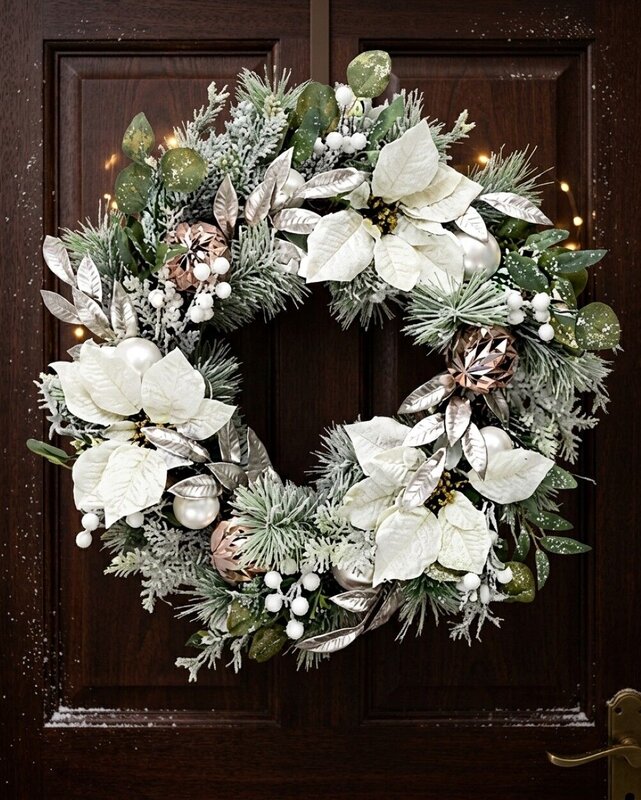 58cm Blush Meadow Flocked Wreath | Elegant Poinsettia & Gold Botanicals — image 2
