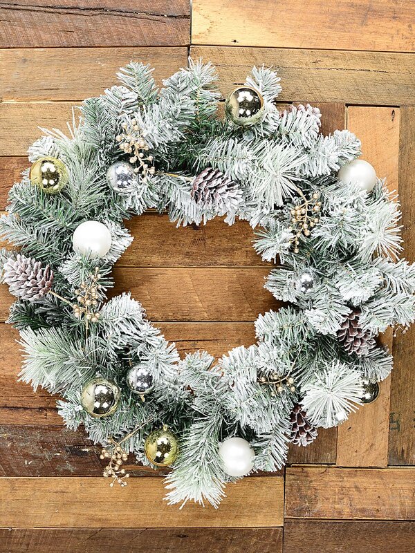 60cm Decorated Flocked Pine & Spruce Wreath | Gold, Silver & White Baubles — image 5