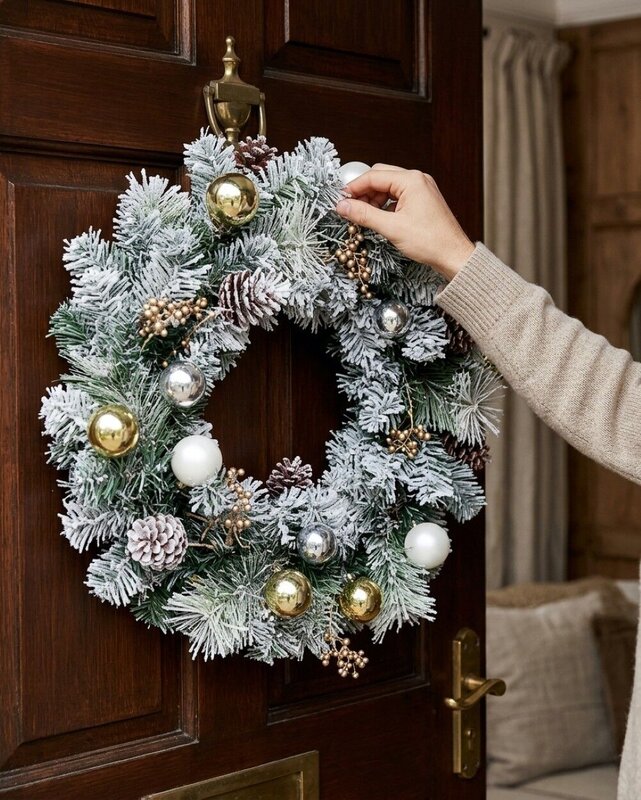60cm Decorated Flocked Pine & Spruce Wreath | Gold, Silver & White Baubles — image 4