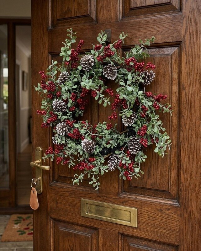 55cm Boxwood & Red Berry Christmas Vine Wreath | Snow Tipped Pine Cones — image 2