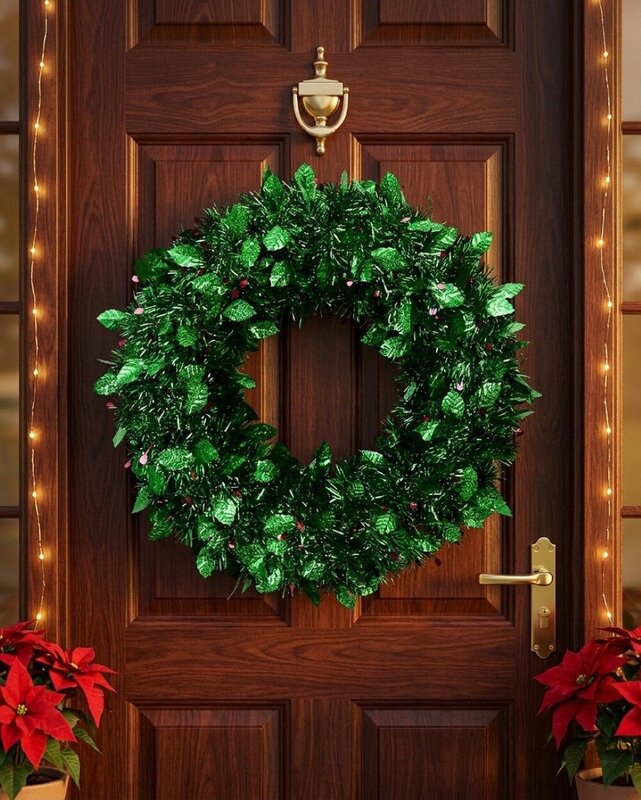 42cm Holly Leaf & Berry Shimmer Tinsel Christmas Wreath — image 2