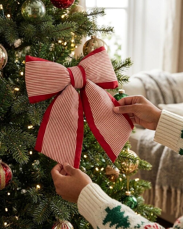 Red & Cream Ticking Stripe Fabric Padded Signature Bow | 51cm — image 4
