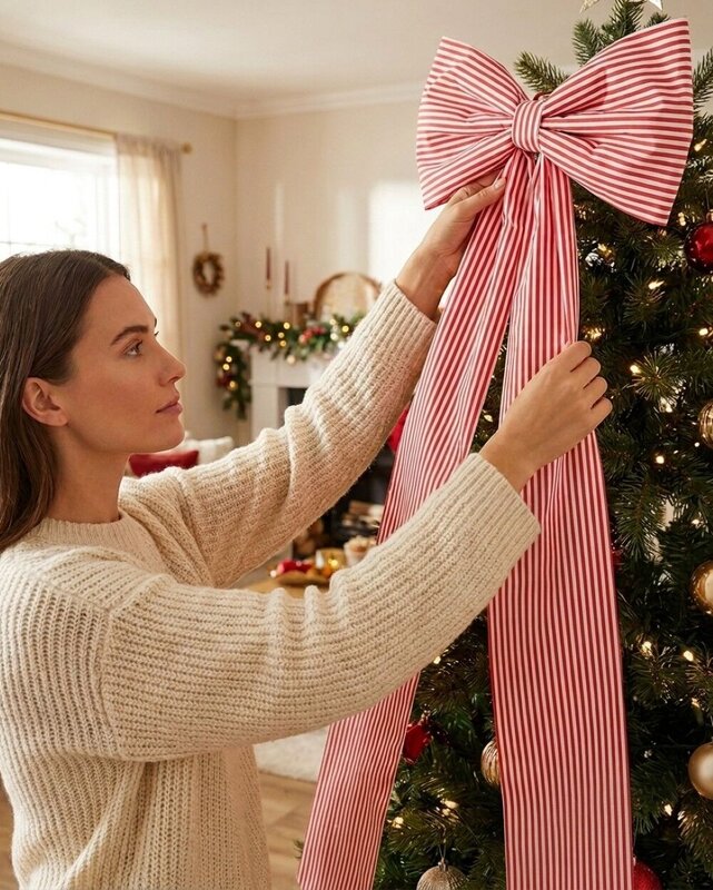 Red & White Candy Cane Stripe Front Door Bow & Ribbon Sash | 1.6m — image 3