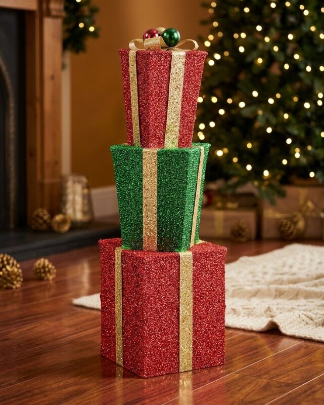 Tiered Red & Green Layered Tinsel Gift Boxes Large Display Decoration | 71cm — image 2