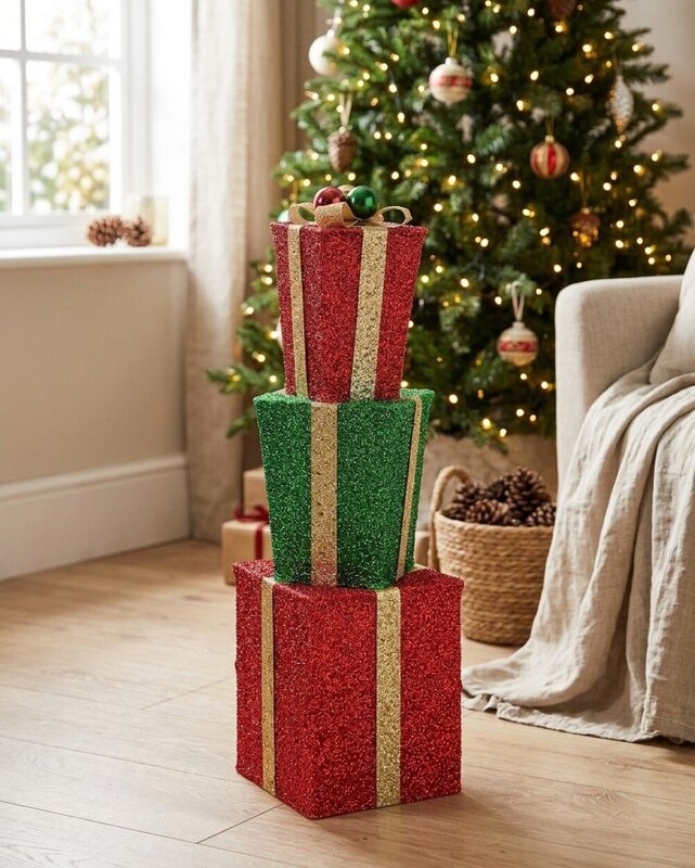 Tiered Red & Green Layered Tinsel Gift Boxes Large Display Decoration | 71cm — image 4
