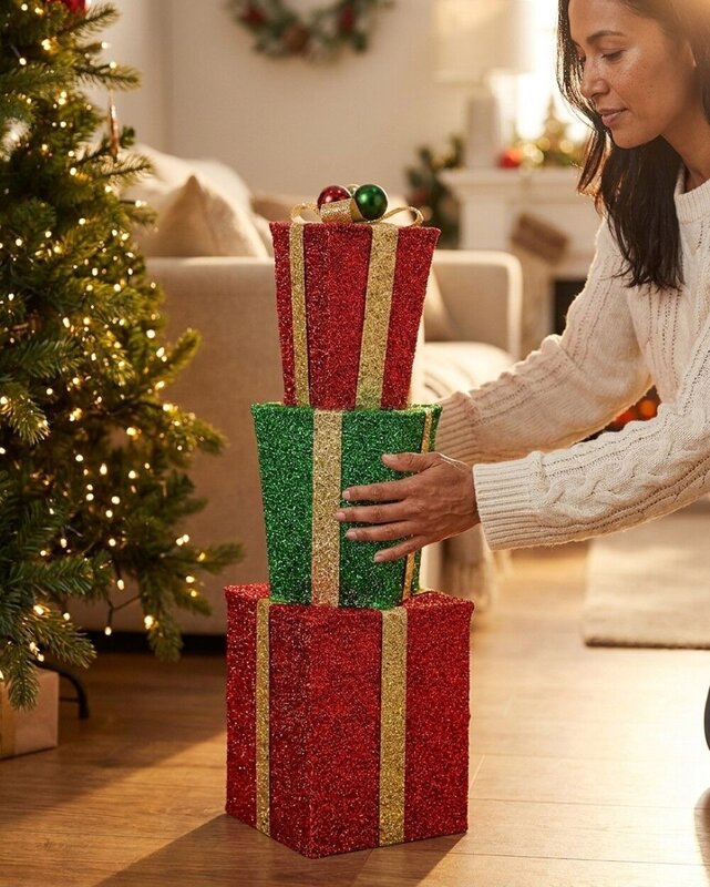 Tiered Red & Green Layered Tinsel Gift Boxes Large Display Decoration | 71cm — image 3