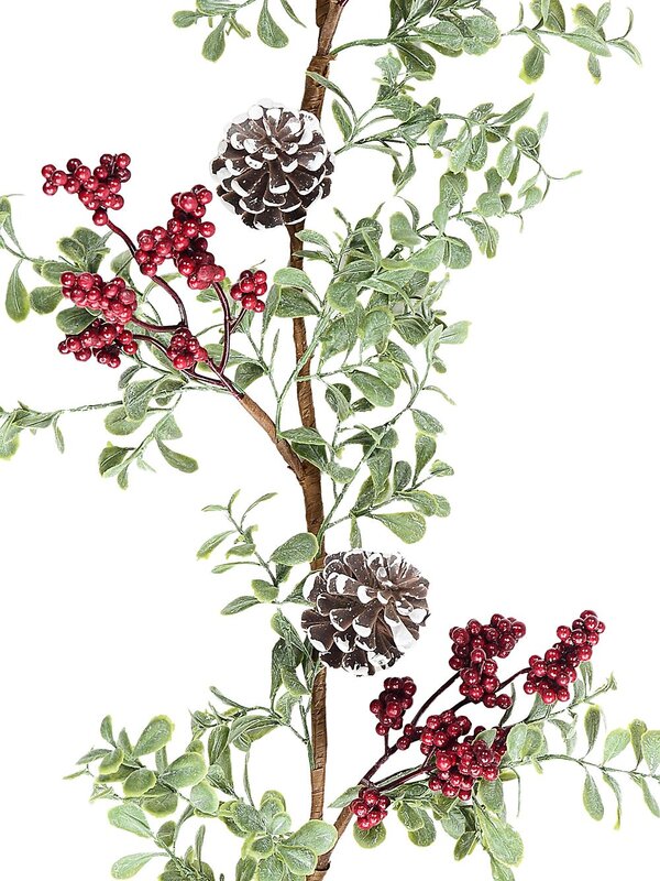 2.7m Boxwood & Red Berry Christmas Vine Garland | Snow Tipped Pine Cones — image 5
