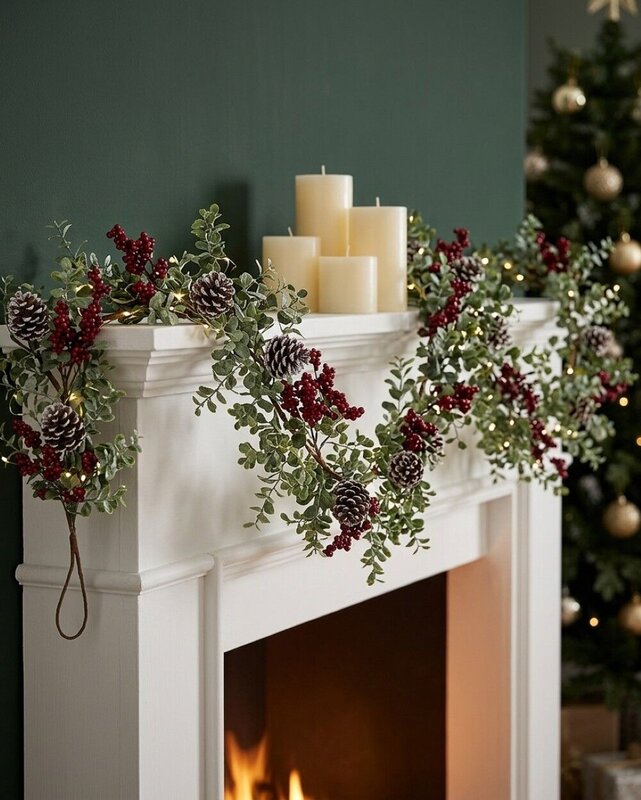 2.7m Boxwood & Red Berry Christmas Vine Garland | Snow Tipped Pine Cones — image 2