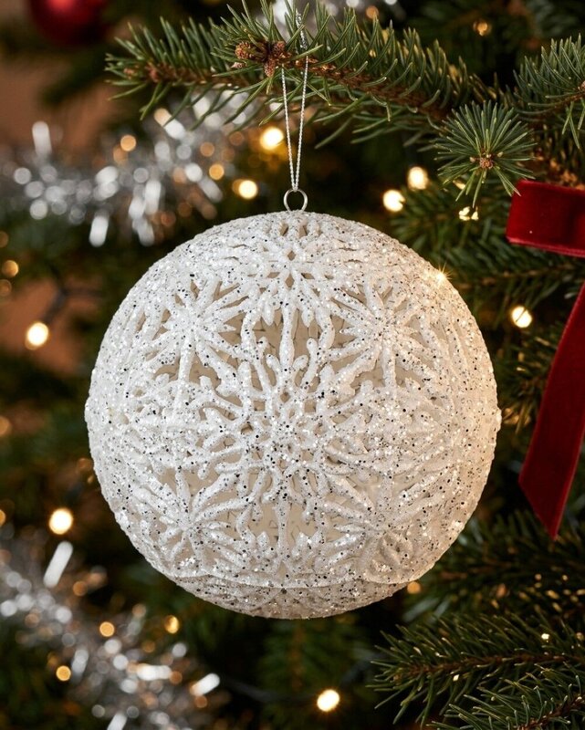 White Whimsical Signature Hollow Silver Glitter Snowflake Bauble | 14cm — image 2