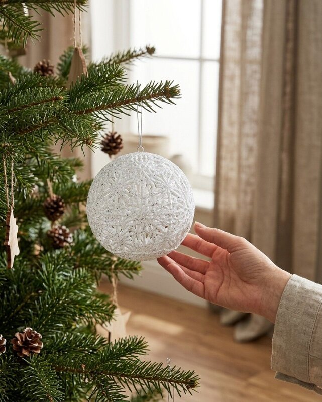 White Whimsical Signature Hollow Silver Glitter Snowflake Bauble | 14cm — image 4