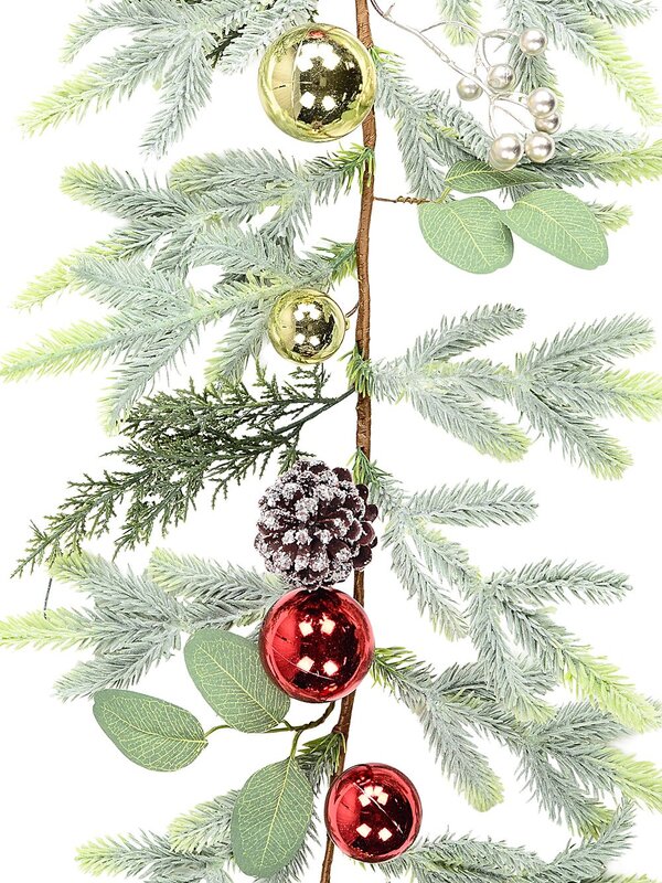 2.7m Decorated Cedar & Mixed Foliage Christmas Garland | Red & Gold Baubles — image 5