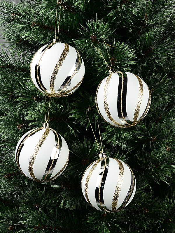 4x Whimsical White Silver & Gold Signature Swirl Baubles | 10cm