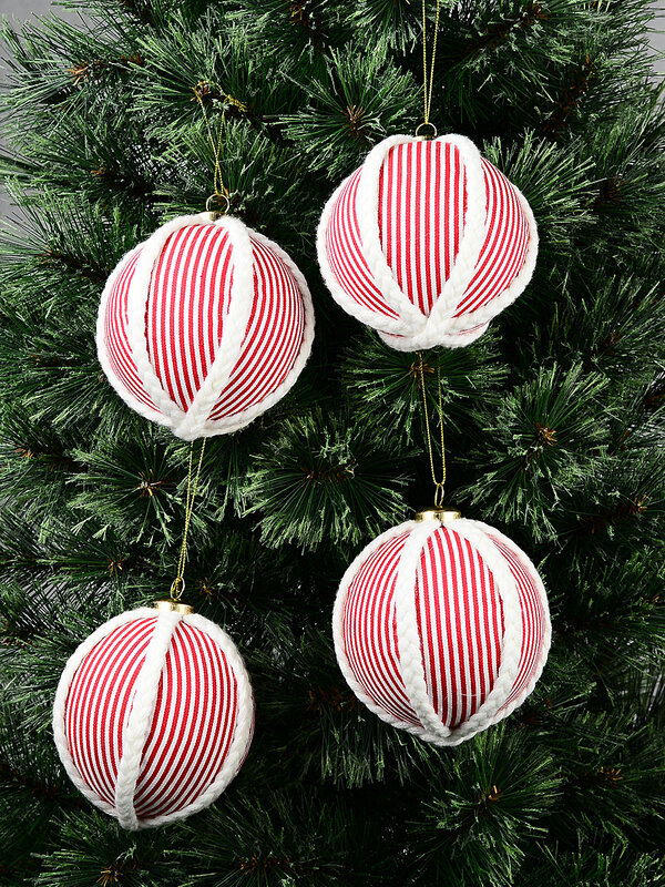 4x Classic Red & White Signature Candy Stripe Braided Rope Baubles | 10cm