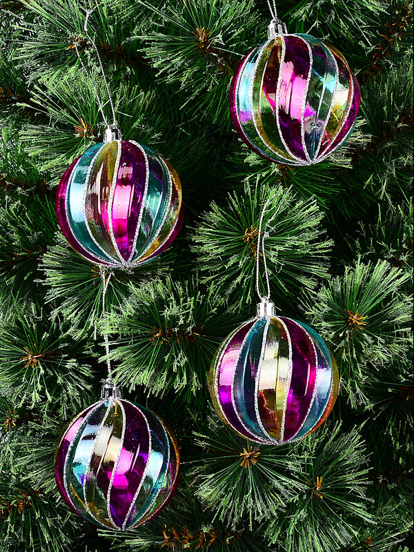 4x Whimsical Jewel Tone Iridescent Signature Spiral Silver Grid Baubles | 80mm