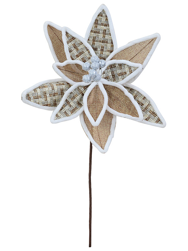 Natural Hessian & Woven Tweed Poinsettia Stem With Frosted Trim | 26cm — image 3