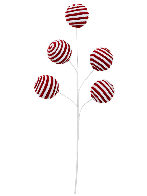 Red & White Peppermint Candy Striped Flocked Bauble Spray Stem | 55cm — image 3