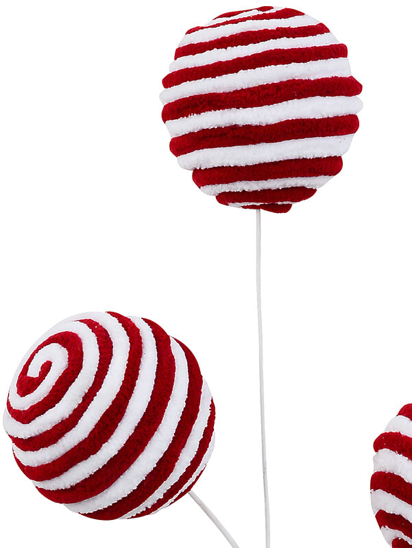 Red & White Peppermint Candy Striped Flocked Bauble Spray Stem | 55cm — image 2